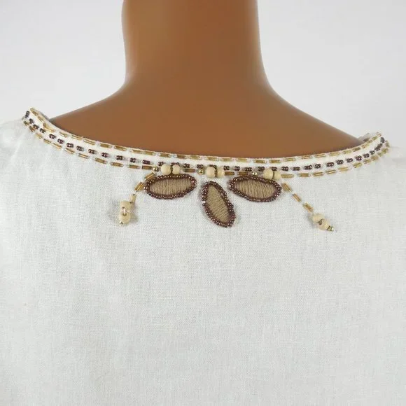 ANNE CARSON Top 2X Linen Blouse Ivory V-Neck Brown Embroidery Leaves Wood Beads - Picture 9 of 10